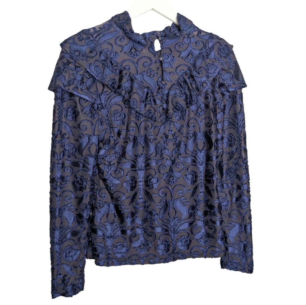 Luminary Women's Top Small Elegant Blue Velvet Victorian Jacquard Long Sleeve - Picture 7 of 10